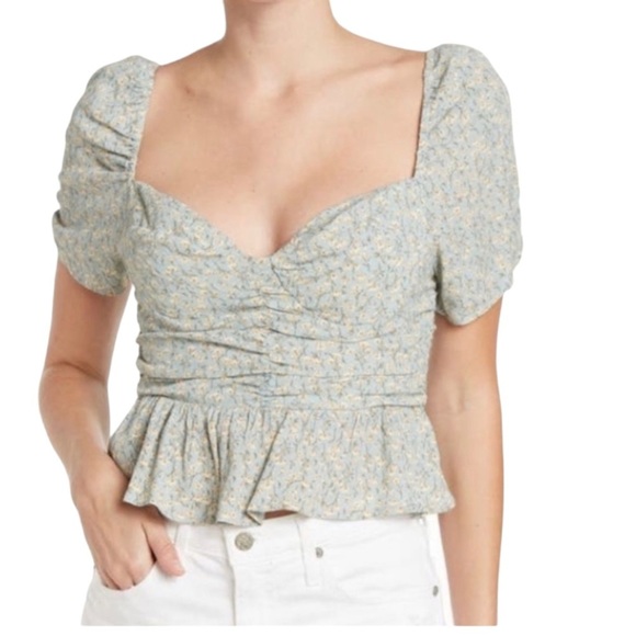 Astr Tops - Astr Sweetheart Neck Puff Sleeve Floral Print Ruched Center Top Blue Size M
